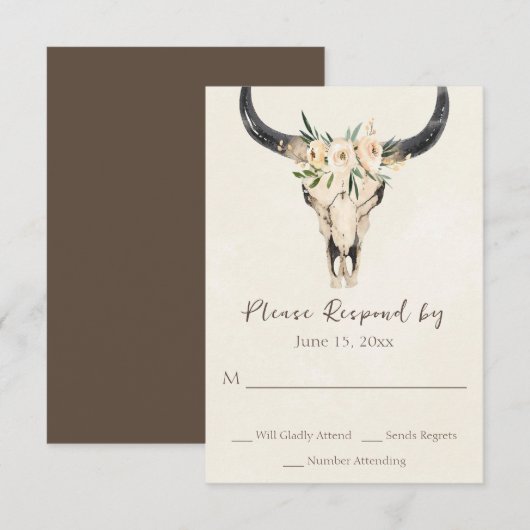 Boho Floral Koe Skull Brown and Cream Wedding RSVP Kaartje (Voorkant / Achterkant)
