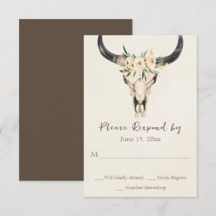 Boho Floral Koe Skull Brown and Cream Wedding RSVP Kaartje