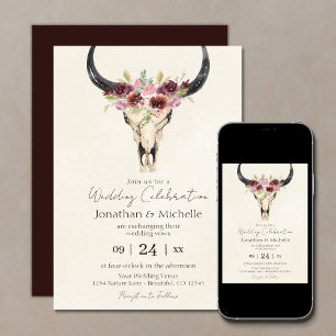 Boho Floral Koe Skull Burgundy and Cream Wedding Kaart