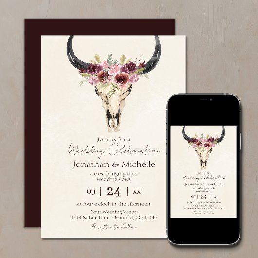 Boho Floral Koe Skull Burgundy and Cream Wedding Kaart