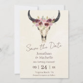Boho Floral Koe Skull Burgundy and Cream Wedding Save The Date (Voorkant)