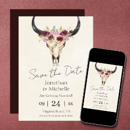 Boho Floral Koe Skull Burgundy and Cream Wedding Save The Date