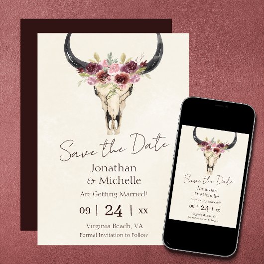 Boho Floral Koe Skull Burgundy and Cream Wedding Save The Date