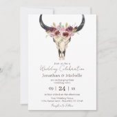 Boho Floral Koe Skull Burgundy and White Wedding Kaart (Voorkant)