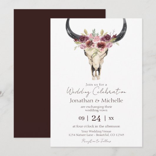 Boho Floral Koe Skull Burgundy and White Wedding Kaart (Voorkant / Achterkant)