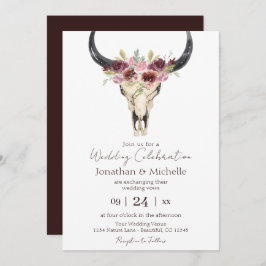 Boho Floral Koe Skull Burgundy and White Wedding Kaart