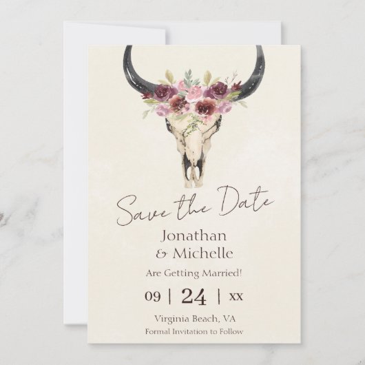 Boho Floral Koe Skull Burgundy PHOTO Weddenschap Save The Date (Voorkant)