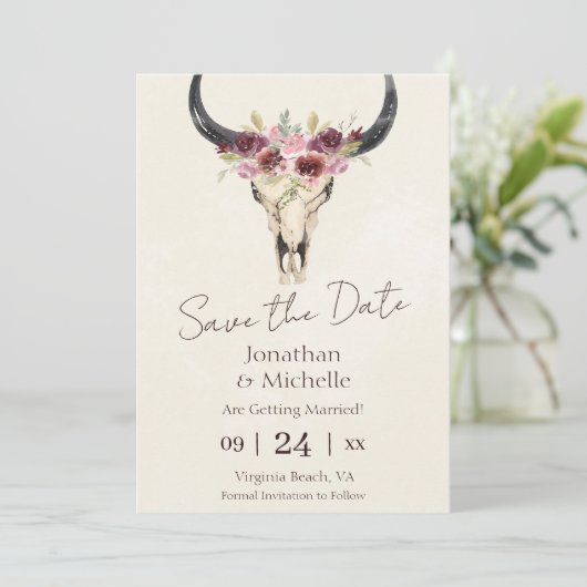 Boho Floral Koe Skull Burgundy PHOTO Weddenschap Save The Date (Staand voorkant)