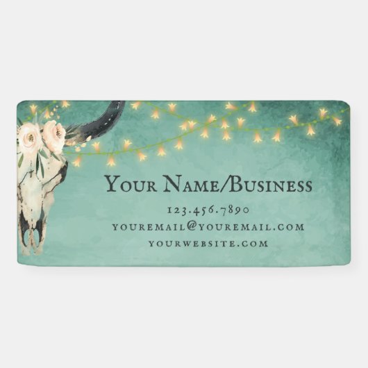 Boho Floral Koe Skull, Licht Turquoise Business Spandoek