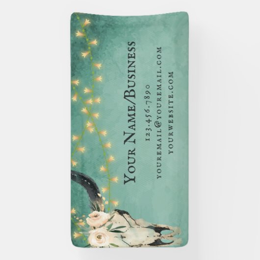 Boho Floral Koe Skull, Licht Turquoise Business Spandoek (Verticaal)