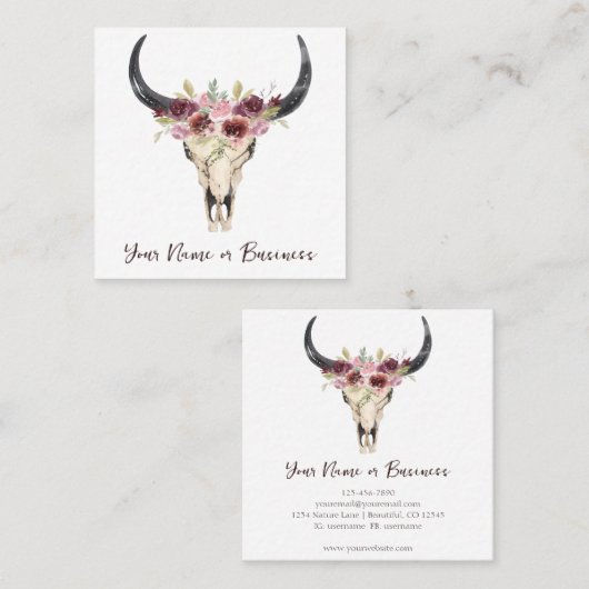 Boho Floral Koe Skull on White Vierkante Visitekaartje (Voorkant / Achterkant)