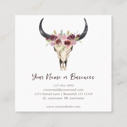 Boho Floral Koe Skull on White Vierkante Visitekaartje (Achterkant)