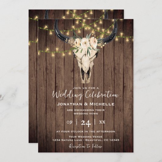 Boho Floral Koe Skull on Wood All in One Weddensch Kaart (Voorkant / Achterkant)