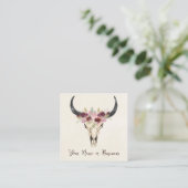 Boho Floral Koe Skull op Natural Cream Vierkante Visitekaartje (Staand voorkant)