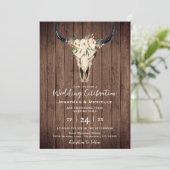 Boho Floral Koe Skull op Rustic Wood Wedding Kaart (Staand voorkant)
