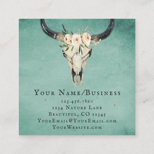 Boho Floral Koe Skull op Turquoise Vierkante Visitekaartje (Achterkant)