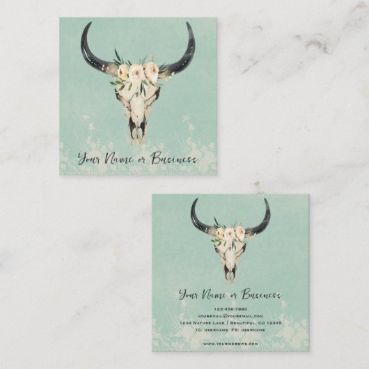Boho Floral Koe Skull op Turquoise Vierkante Visitekaartje (Voorkant / Achterkant)