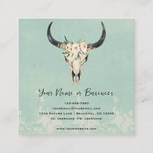 Boho Floral Koe Skull op Turquoise Vierkante Visitekaartje (Achterkant)