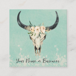 Boho Floral Koe Skull op Turquoise Vierkante Visitekaartje
