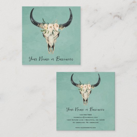 Boho Floral Koe Skull op Turquoise Vierkante Visitekaartje (Voorkant / Achterkant)
