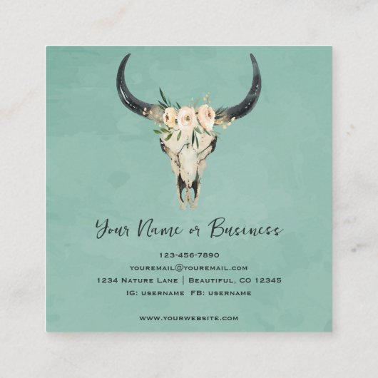 Boho Floral Koe Skull op Turquoise Vierkante Visitekaartje (Achterkant)