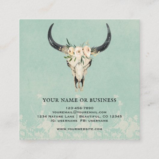 Boho Floral Koe Skull op Turquoise Vierkante Visitekaartje (Achterkant)