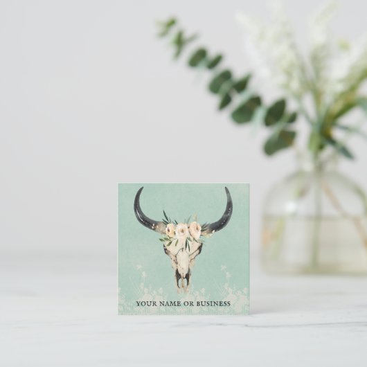Boho Floral Koe Skull op Turquoise Vierkante Visitekaartje (Staand voorkant)