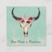 Boho Floral Koe Skull op Turquoise Vierkante Visitekaartje (Voorkant)