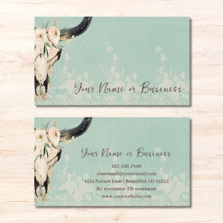 Boho Floral Koe Skull op Turquoise Visitekaartje