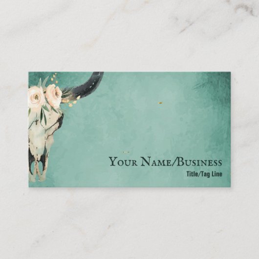 Boho Floral Koe Skull op Turquoise Visitekaartje (Voorkant)