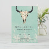 Boho Floral Koe Skull op Turquoise Wedding Kaart (Staand voorkant)