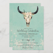 Boho Floral Koe Skull op Turquoise Wedding Kaart (Voorkant / Achterkant)