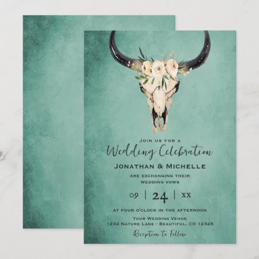 Boho Floral Koe Skull op Turquoise Wedding Kaart (Voorkant / Achterkant)