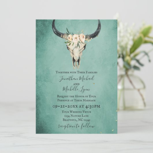 Boho Floral Koe Skull op Turquoise Wedding Kaart (Staand voorkant)