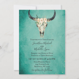 Boho Floral Koe Skull op Turquoise Wedding Kaart