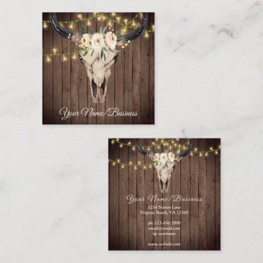 Boho Floral Koe Skull, String Lights op Barnwood Vierkante Visitekaartje (Voorkant / Achterkant)