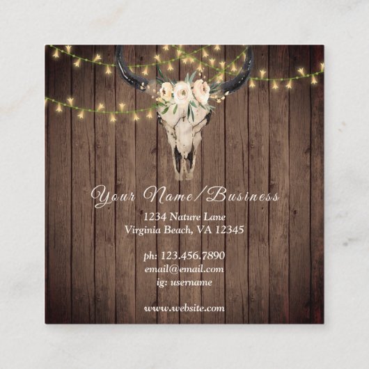 Boho Floral Koe Skull, String Lights op Barnwood Vierkante Visitekaartje (Achterkant)