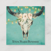 Boho Floral Koe Skull, String Lights op Turquoise Vierkante Visitekaartje (Voorkant)