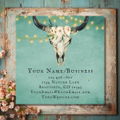 Boho Floral Koe Skull, String Lights op Turquoise Vierkante Visitekaartje
