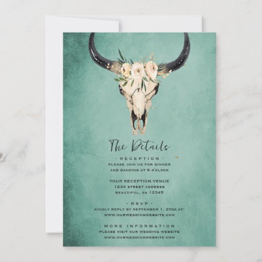 Boho Floral Koe Skull Turquoise All in One Wedding Kaart (Achterkant)