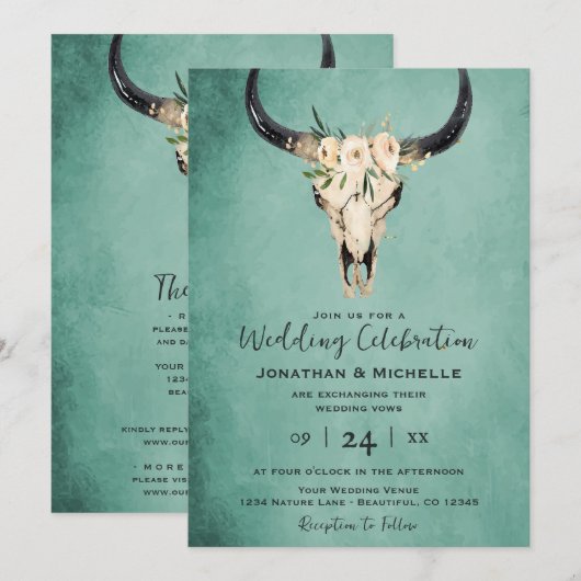 Boho Floral Koe Skull Turquoise All in One Wedding Kaart (Voorkant / Achterkant)