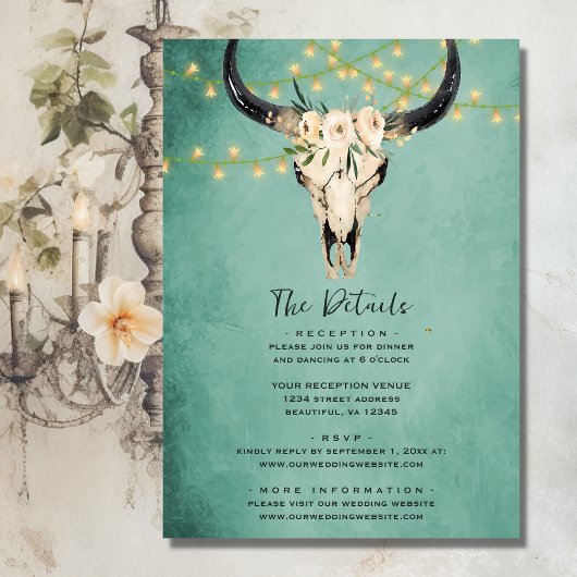 Boho Floral Koe Skull Turquoise All in One Wedding Kaart