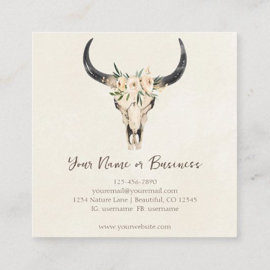 Boho Floral Koe Skull Turquoise en Cream Vierkante Visitekaartje (Achterkant)