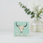 Boho Floral Koe Skull Turquoise en Cream Vierkante Visitekaartje (Staand voorkant)