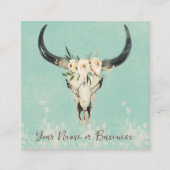 Boho Floral Koe Skull Turquoise en Cream Vierkante Visitekaartje (Voorkant)