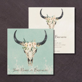 Boho Floral Koe Skull Turquoise en Cream Vierkante Visitekaartje