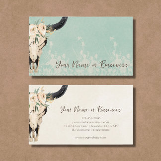 Boho Floral Koe Skull Turquoise en Cream Visitekaartje
