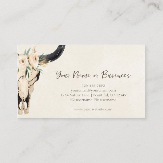 Boho Floral Koe Skull Turquoise en Cream Visitekaartje (Achterkant)