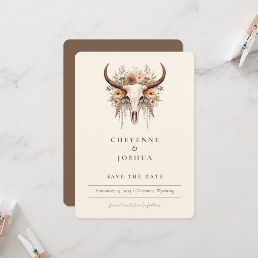 Boho Floral Koe Skull Westerne QRcode Bewaar de da Kaart (Voorkant / Achterkant in situ)