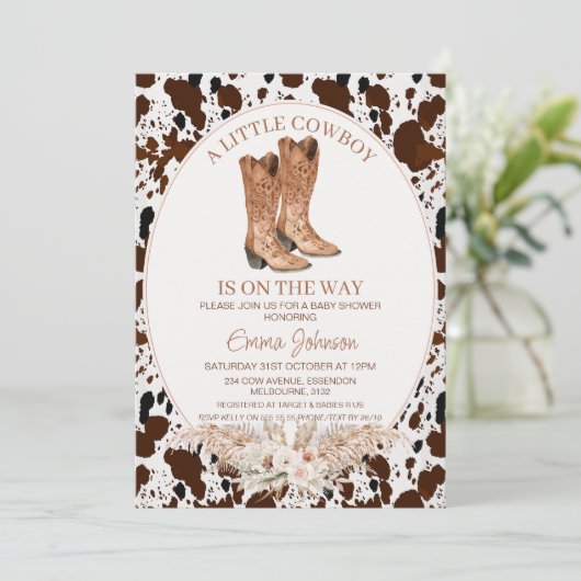 Boho Floral Koeienhuid Cowboy Boots Baby shower Kaart (Staand voorkant)